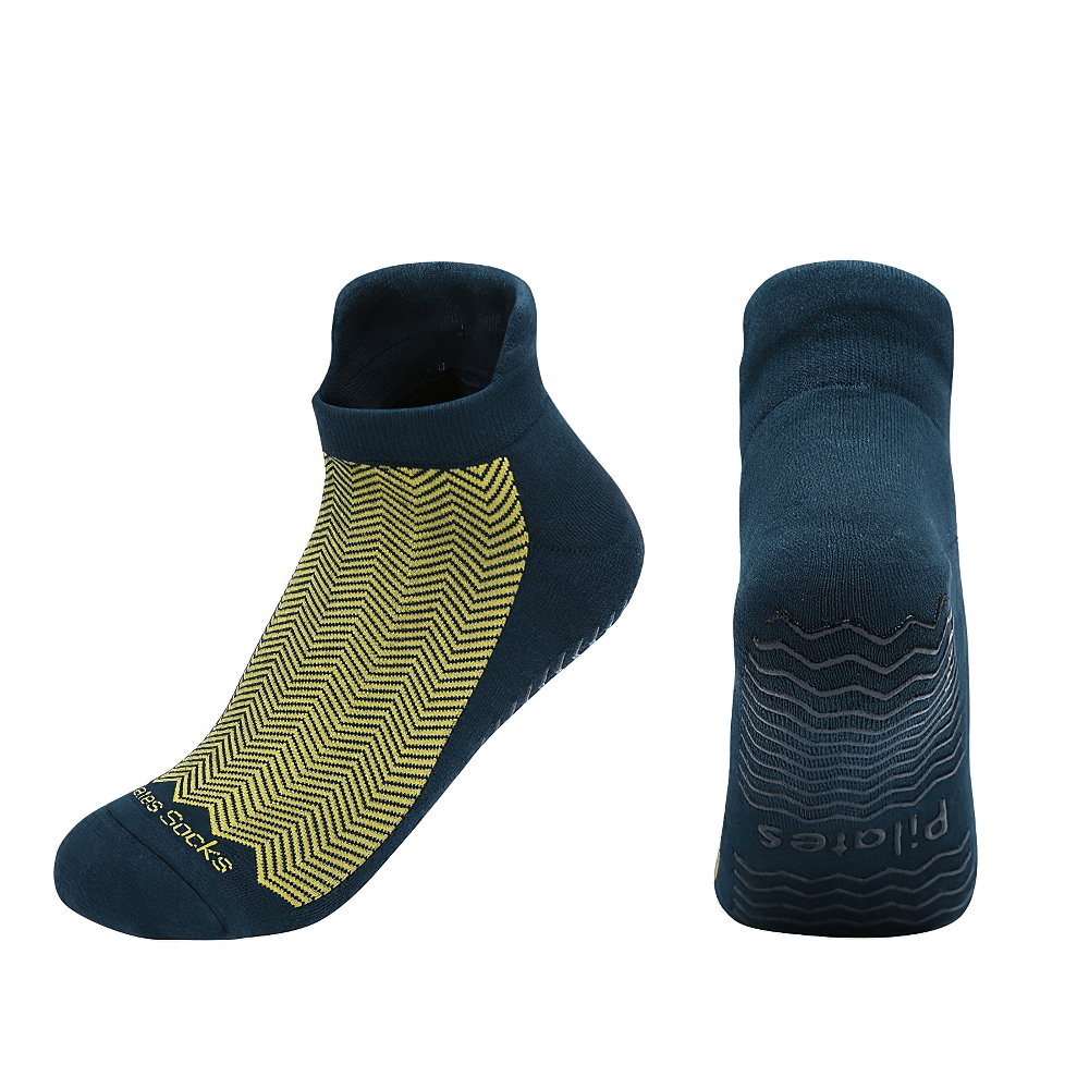 Women's non-slip breathable short yoga socks in blue with chevron grip design, perfect for pilates, dance, and fitness.